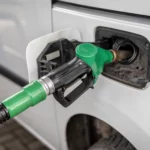 Pistolet de pompe à gazole faisant le plein d’un véhicule diesel, illustration des nouvelles règles de remboursement du gazole en France.